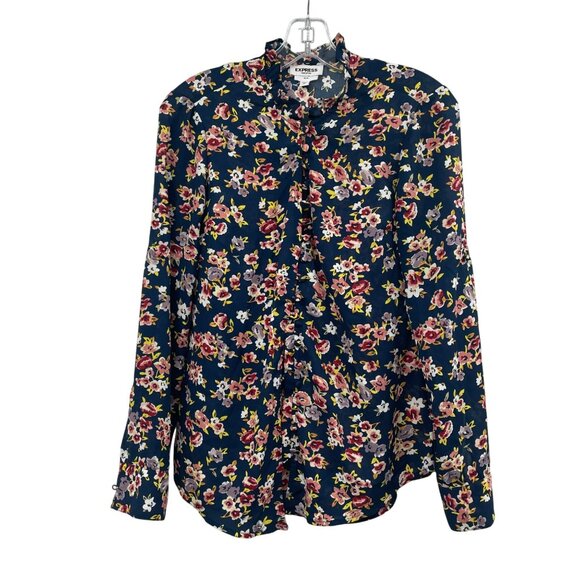 Express Womens Floral Portofino Button Up Top Slim Fit Blue/Multi XS - Picture 1 of 9